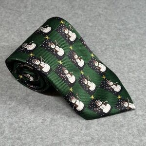 Vintage Santa's Dream Snowman Silk Tie Green Christmas Holiday Vintage 58x3.75in